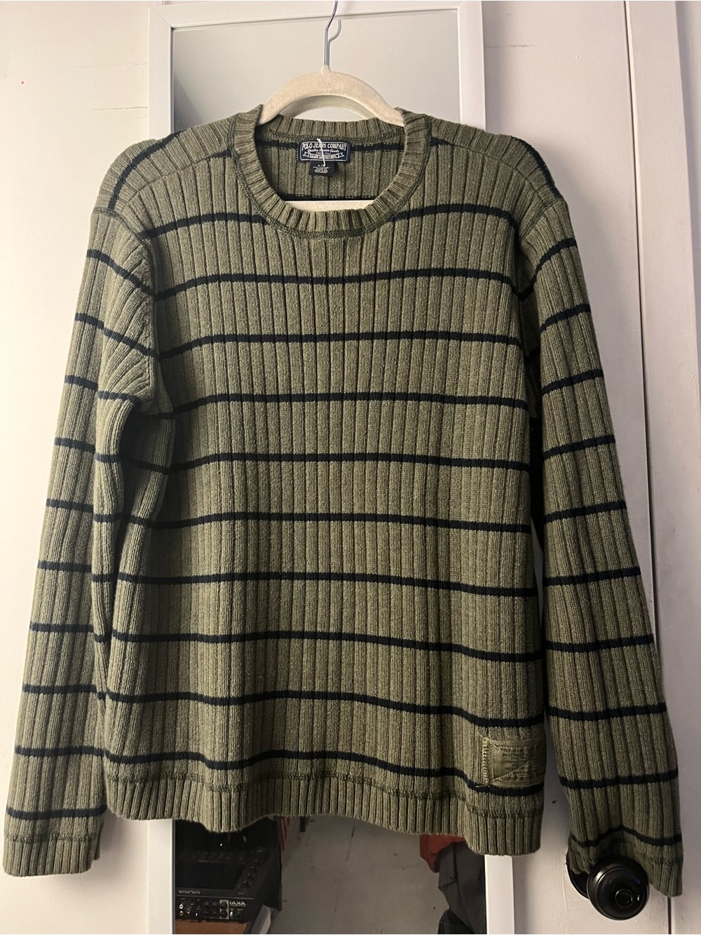 Polo by Ralph Lauren Olive Green and Black Striped Ribbed Crewneck Sweater